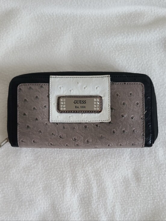 Guess Handbags - GUESS Ostrich-Texture Zip Wallet in Taupe, White & Black